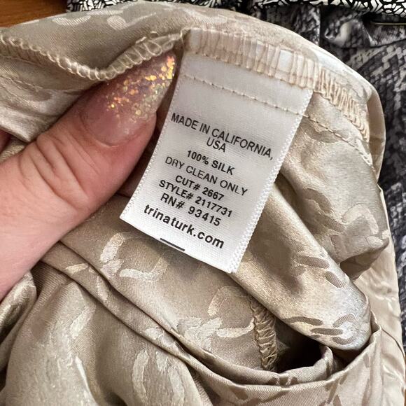 Trina Turk Champagne Silk Chain Faux Wrap Long Sleeve Dress, 0 - Picture 8 of 10